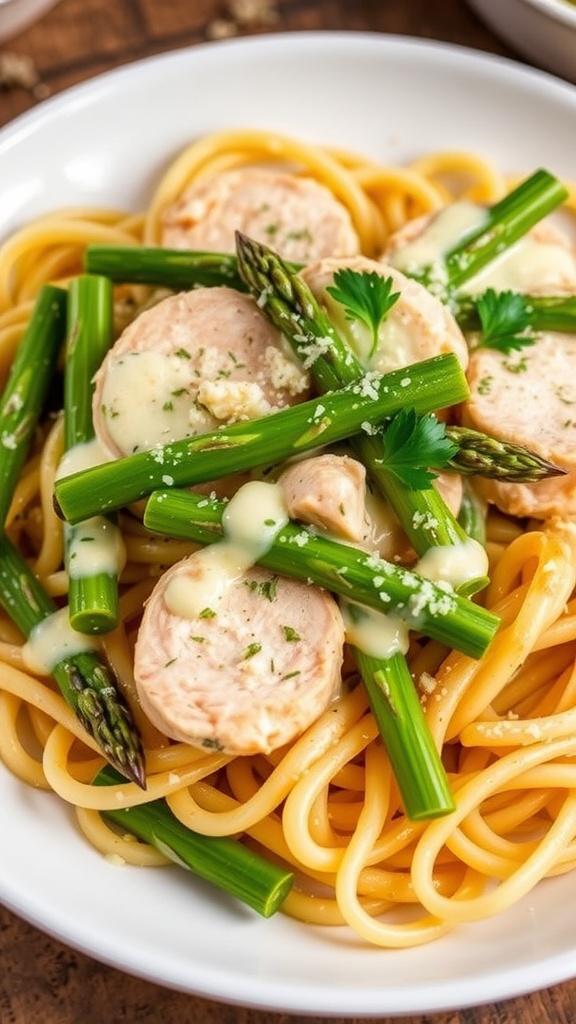 Creamy asparagus chicken pasta with chicken slices, asparagus, and Parmesan cheese, served on a rustic table.